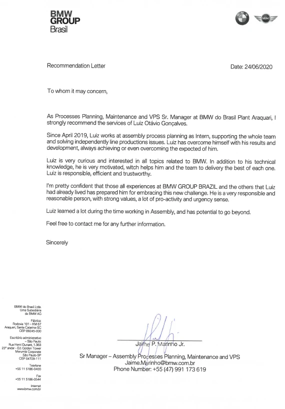Carta de recomendação de Luiz Otávio emitida pela BMW Group