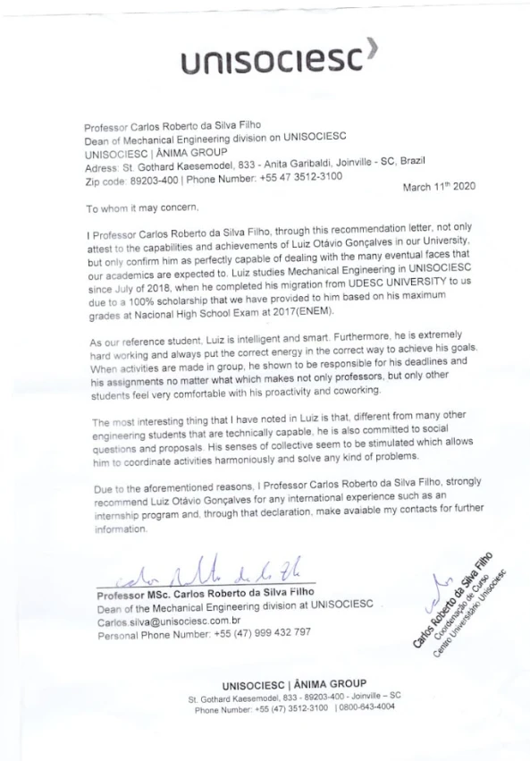 Carta de recomendação de Luiz Otávio emitida pela UNISOCIESC
